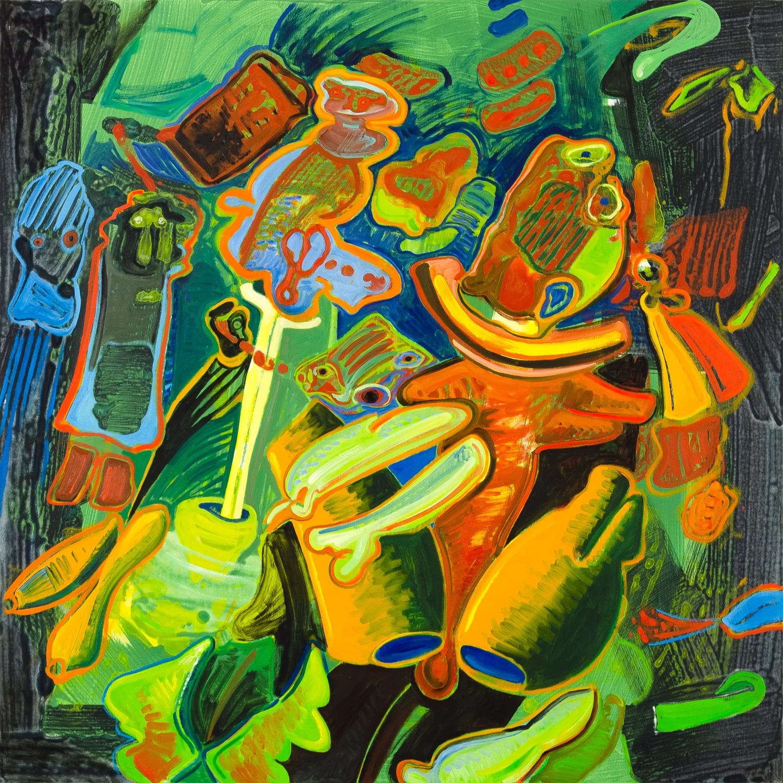 Lucio Pozzi, Graces, 2021. Oil and acrylic on canvas · 100.2 × 100.1 × 2.6 cm