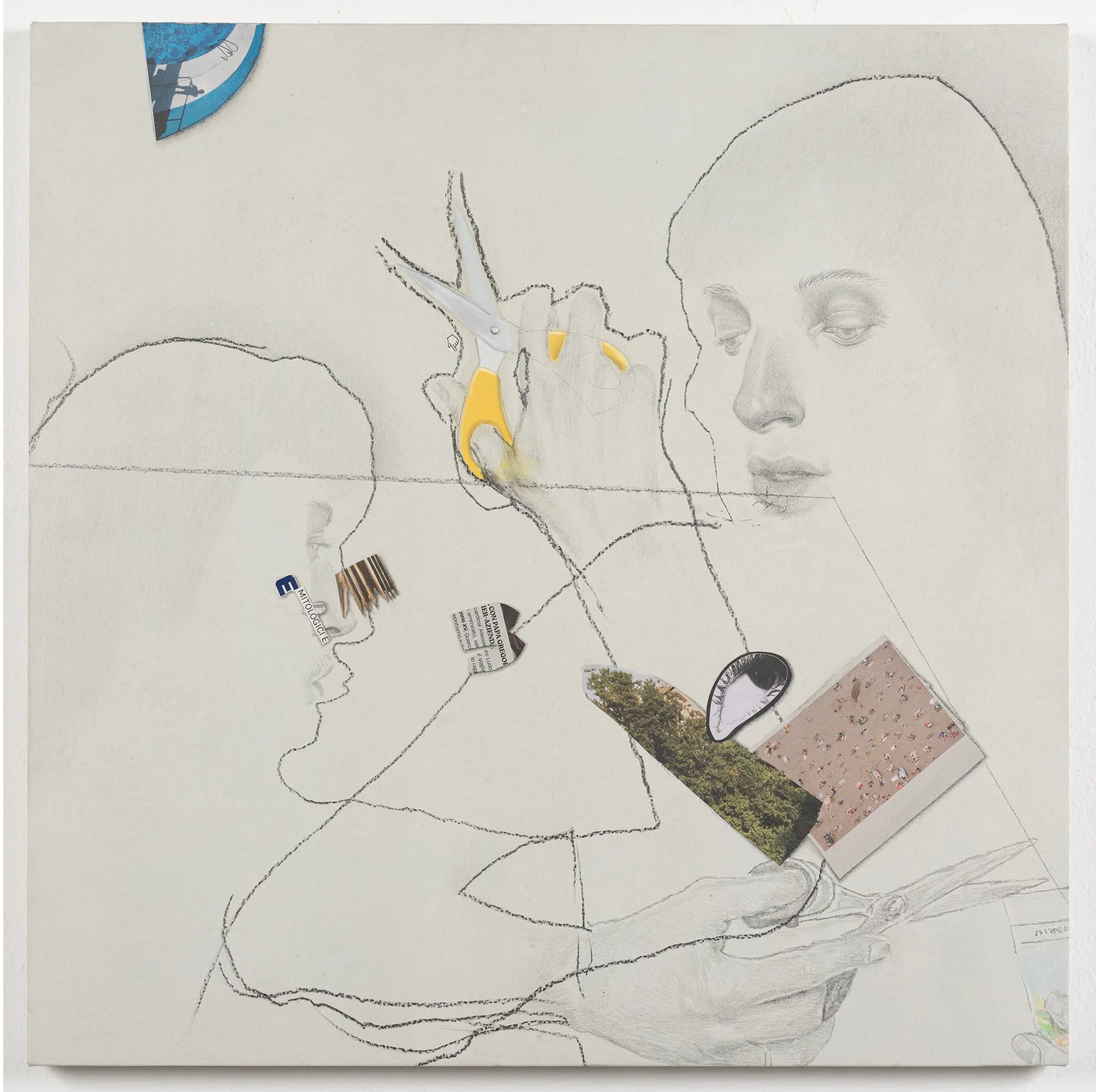 Marco Paleari, Facendo un collage a caso, 2024. Graphite, oil and collage on canvas · 60 × 60 cm