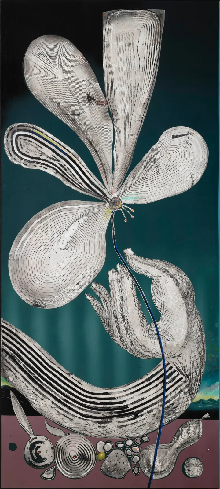 Mattia Barbieri, Holding the Blume, 2025. Oil and tempera on wood · 200 × 90 cm