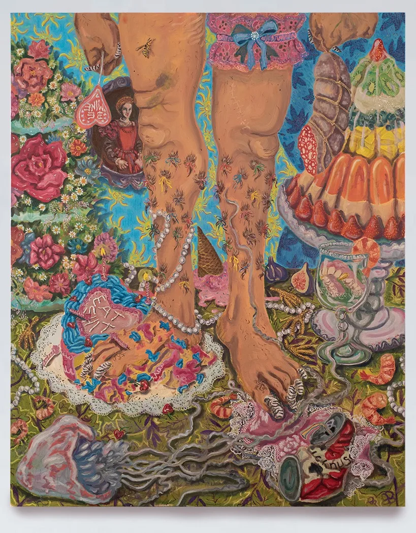 Dorotea Tocco, Sissyzio di primavera, 2021. Oil, acrylic, oil pastels, spray paint and glitter on canvas · 100 × 80 cm