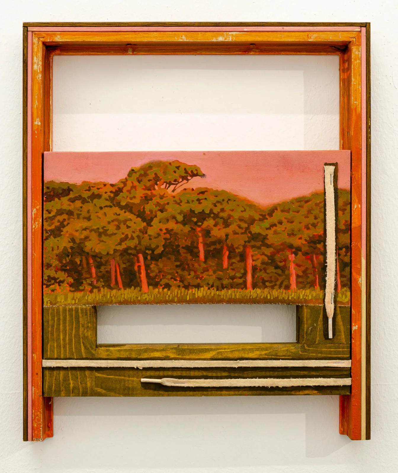 Cosimo Casoni, Vie di fuga (la fiumara), 2020. Oil on canvas, used laces, artist's frame · 41 × 34 cm