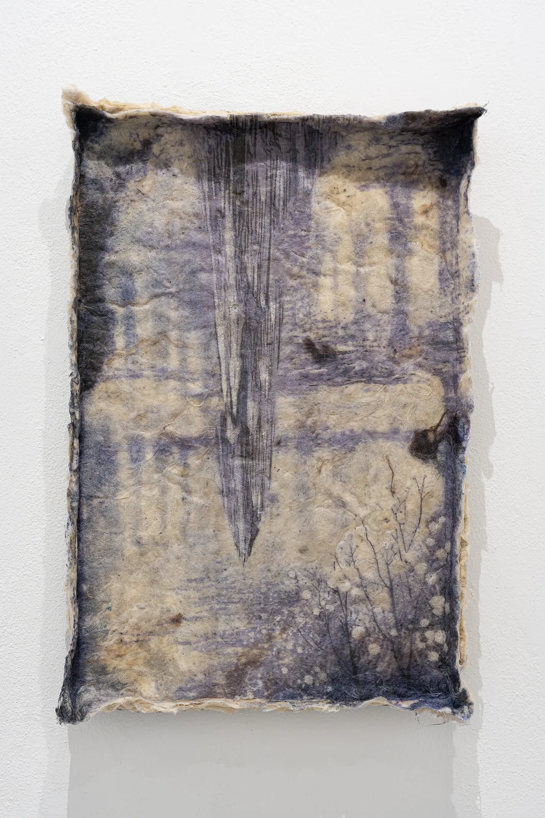 Francesca Polizzi, Liria 1, 2026. Encaustic and oil painting on raw wool felts · 62 × 42 × 10 cm