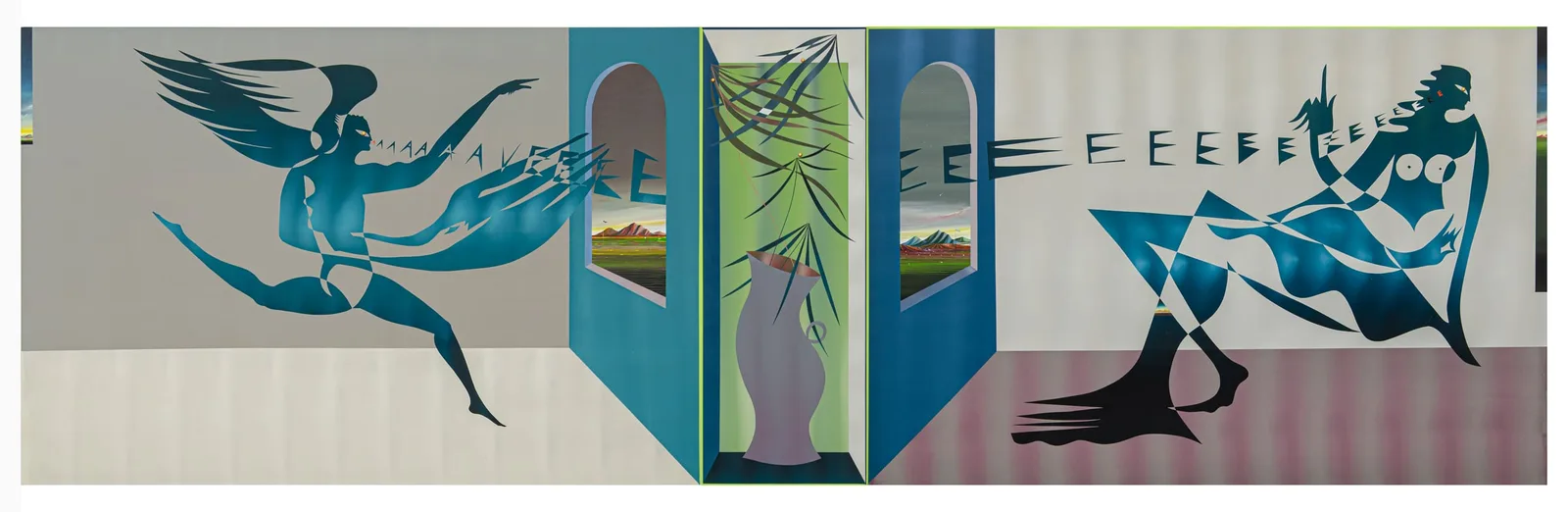 Mattia Barbieri, Trittico della velocità, 2022. Oil on panel · 134.5 × 450 cm
