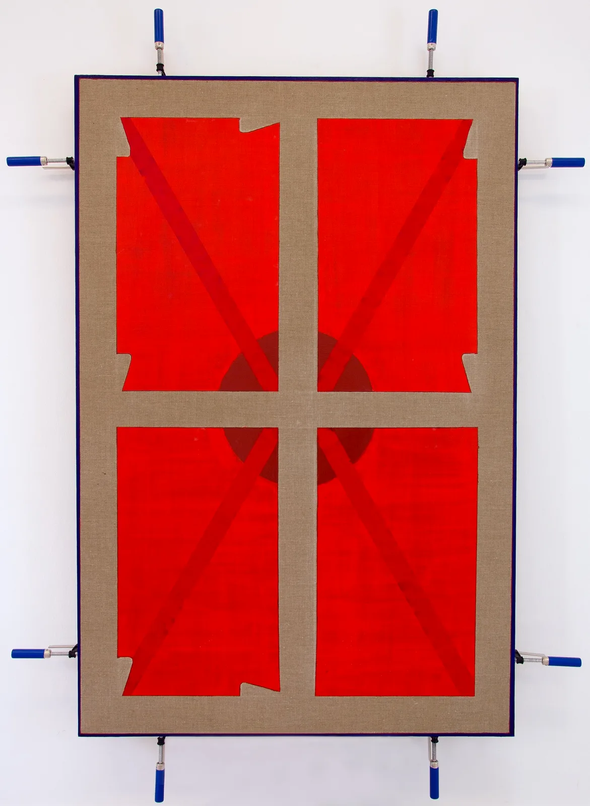Stefano Cumia, Clamps #2 (SCP X +1), 2014. Egg tempera, oil, pigmented gesso on linen, 8 clamps · 180 × 130 cm