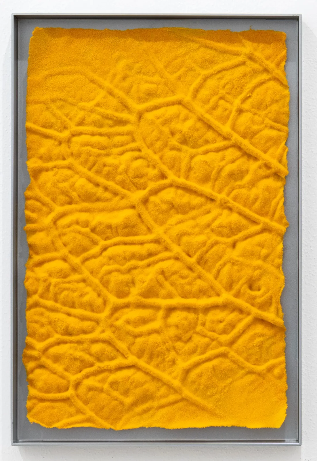 Loris Cecchini, Laminascapes - GOLD 137 C, 2024. Polyester fibres, handmade Japanese paper, aluminium frame · 51.5 × 34.5 × 4 cm