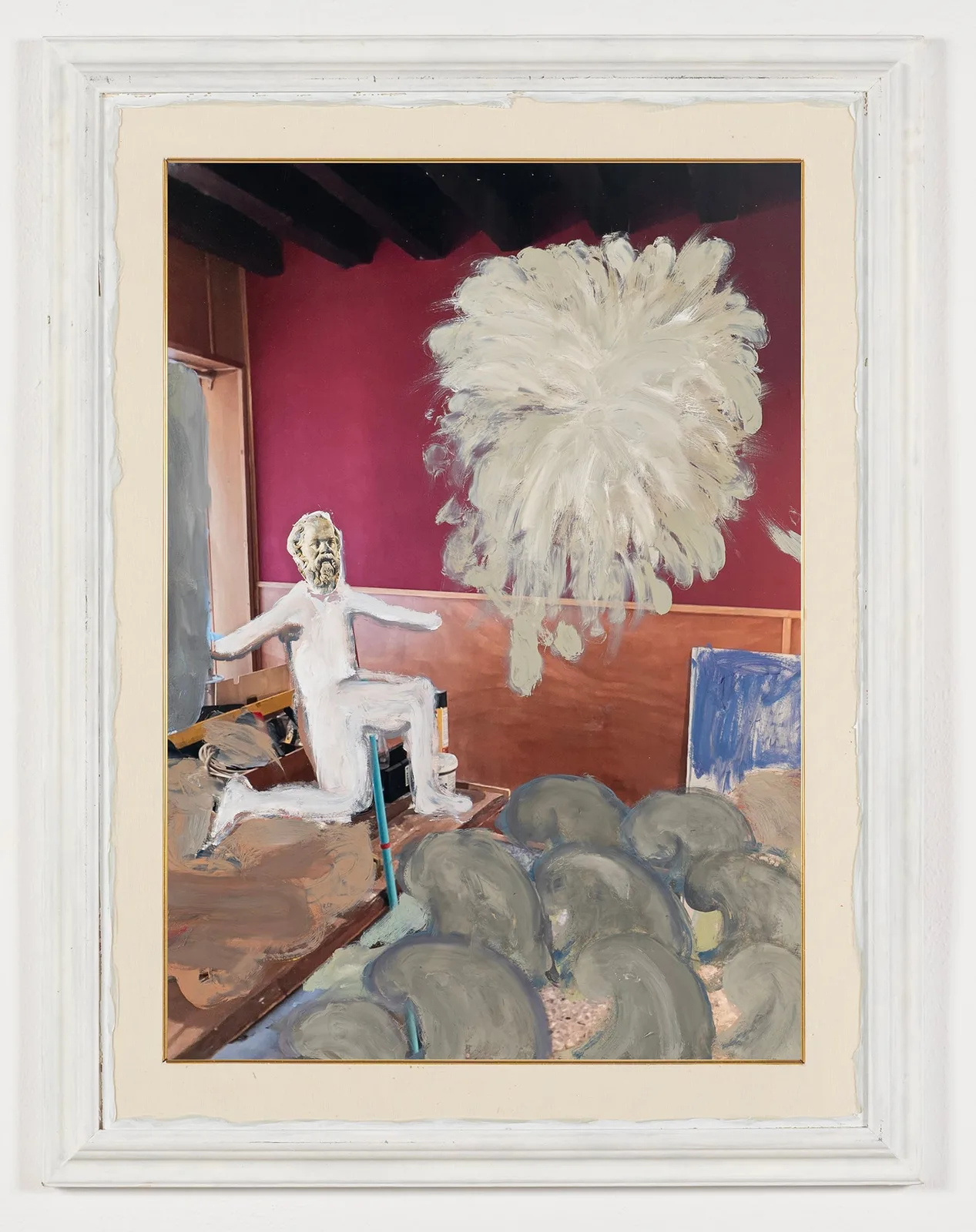 Michele Bubacco, Redentore da camera, 2024. Oil and collage on photographic print · 70 × 50 cm