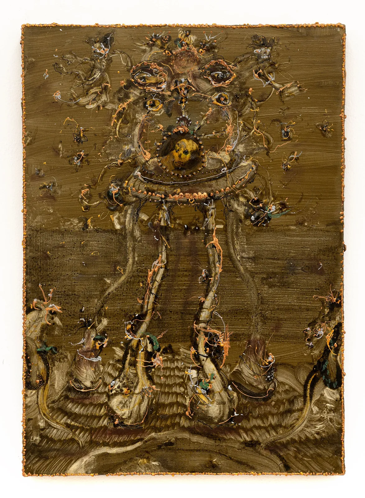 Andrea Luzi, Rusty cake, 2023. Oil, oil pastel, fabric paint and resin on linen canvas · 70 × 50 cm