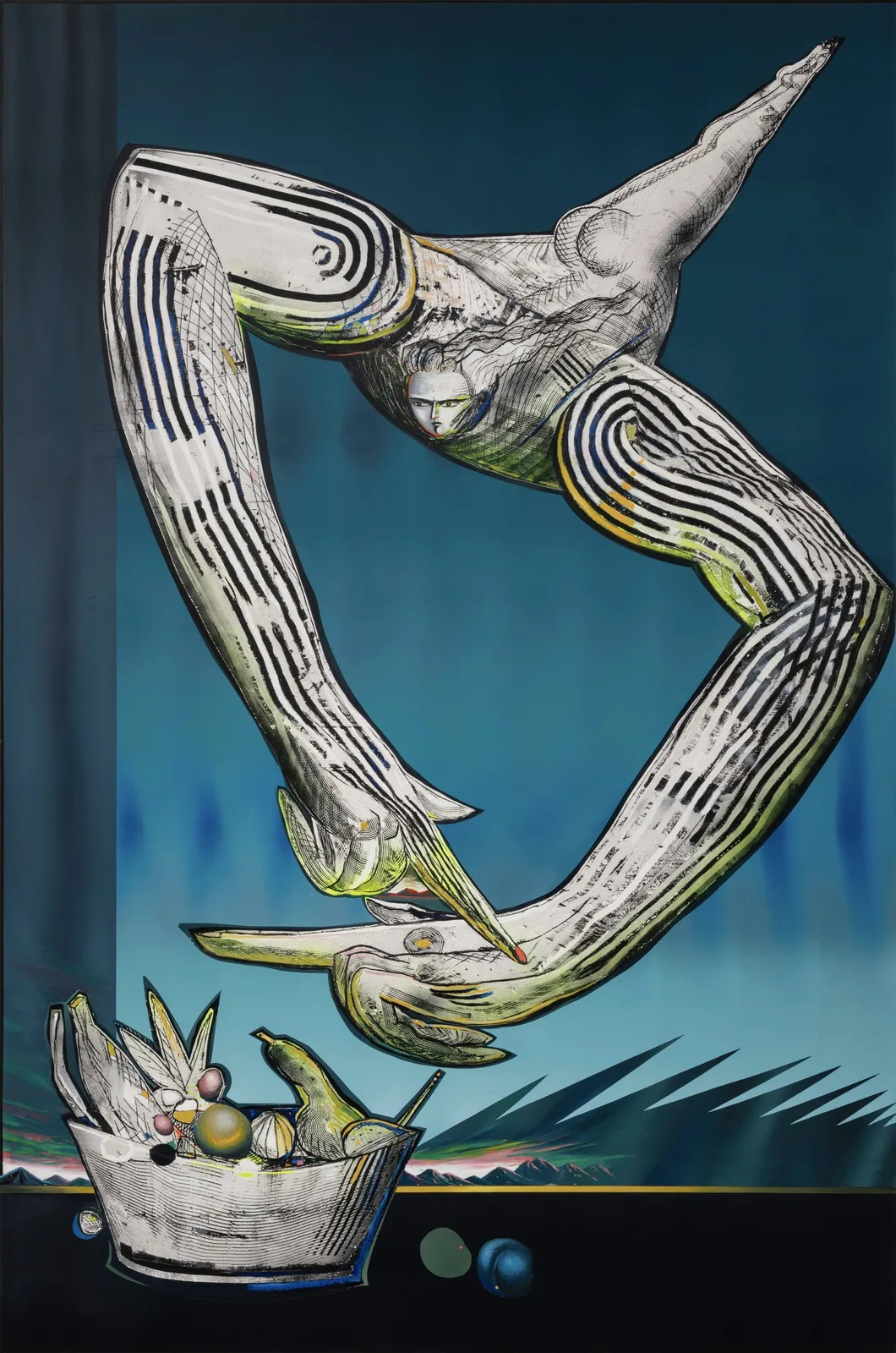 Mattia Barbieri, Il Volo oh Sacre Bleu, 2024. Oil on wood · 184 × 122 cm