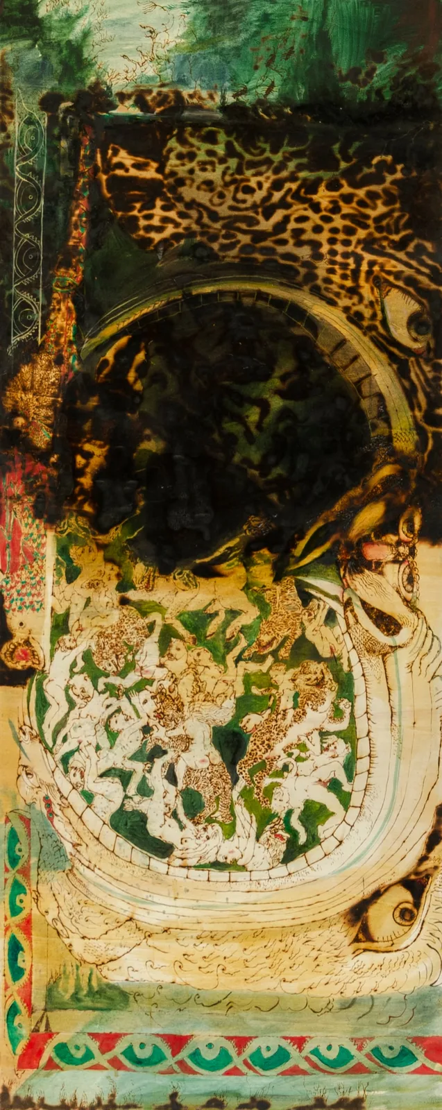 Chiara Calore, Il verme non muore, e il fuoco non si spegne 1, 2022. Pyrography, shellac, gold leaf, beeswax, oil pigments on poplar wood · 180 × 70 cm