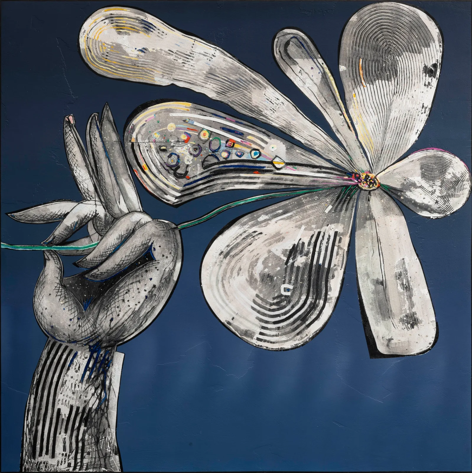 Mattia Barbieri, The big blume, 2025. Oil and tempera on wood · 150 × 150 cm