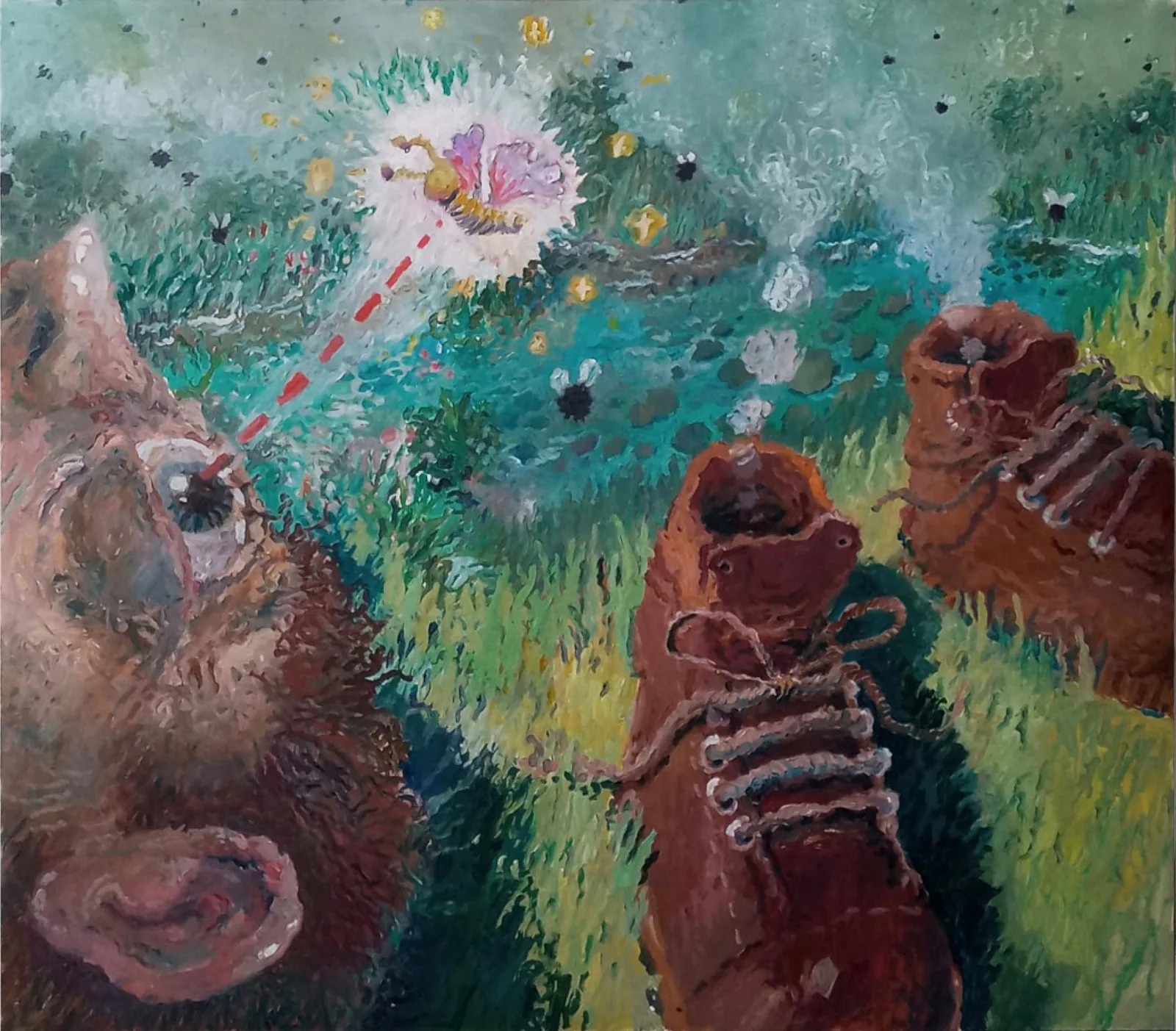 Aronne Pleuteri, THROUGH THE EYE OF A CRAZY ENTOMOLOGIST, 2022. Oil on canvas · 160 × 180 × 3.5 cm