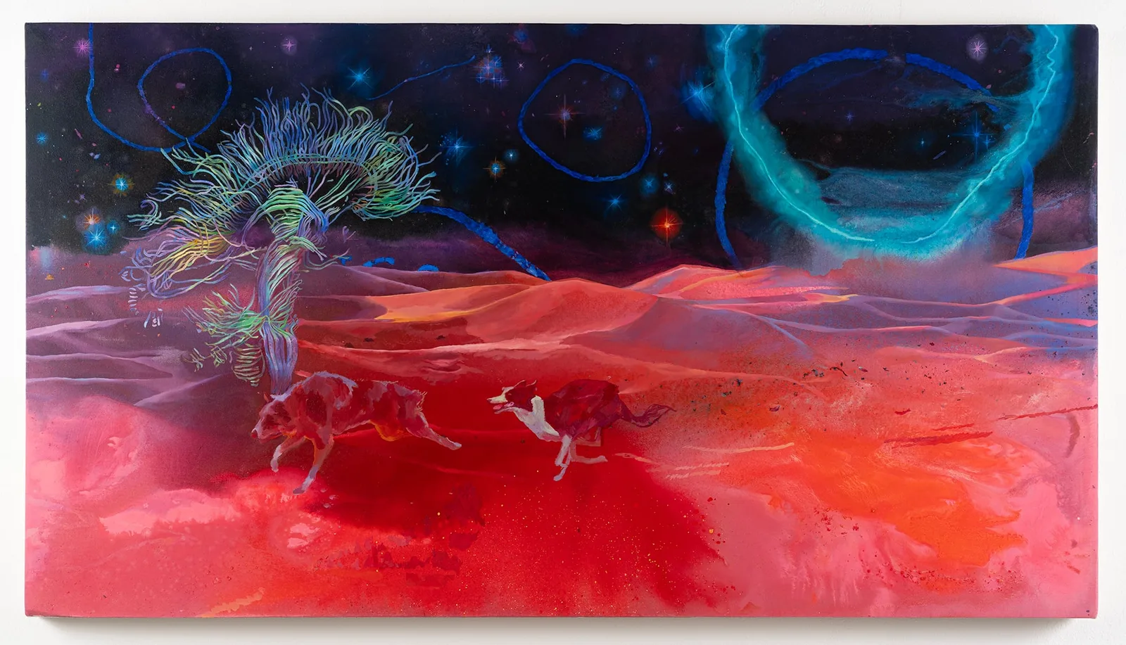 Anastasiya Parvanova, Tratti fibrosi, 2023. Oil and acrylic on canvas · 88.6 × 162 cm