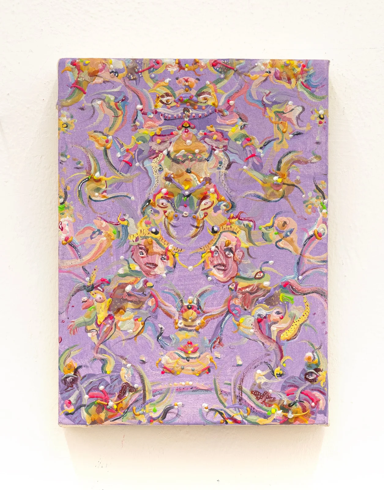 Andrea Luzi, Candy man, 2023. Oil, fabric paint and resin on linen canvas · 24 × 18 cm