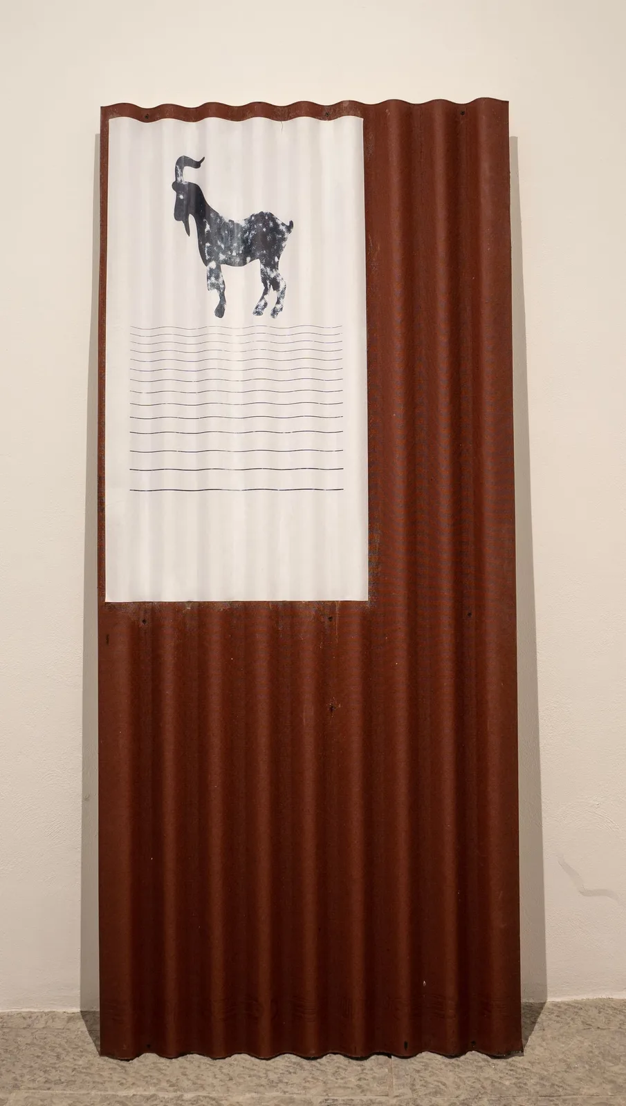 Daniele Franzella, Mitologema, 2023. Print, bituminous corrugated sheet · 202 × 87 × 9 cm