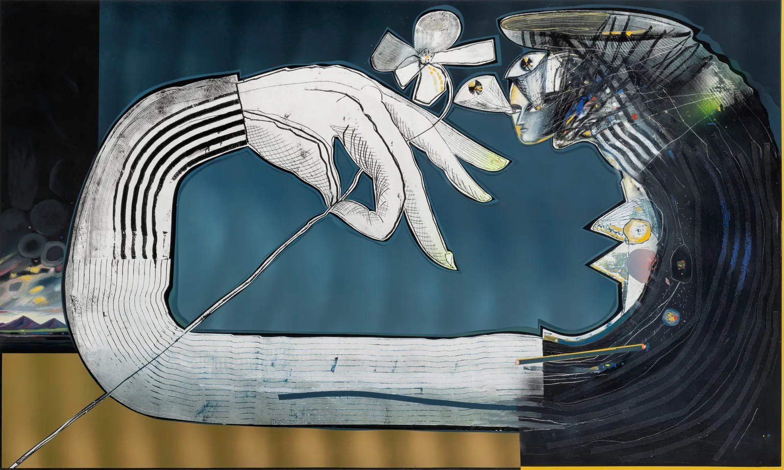 Mattia Barbieri, Non ho occhi che per te oh Sacre Bleu!, 2024. Oil and tempera on wood · 90 × 150 cm