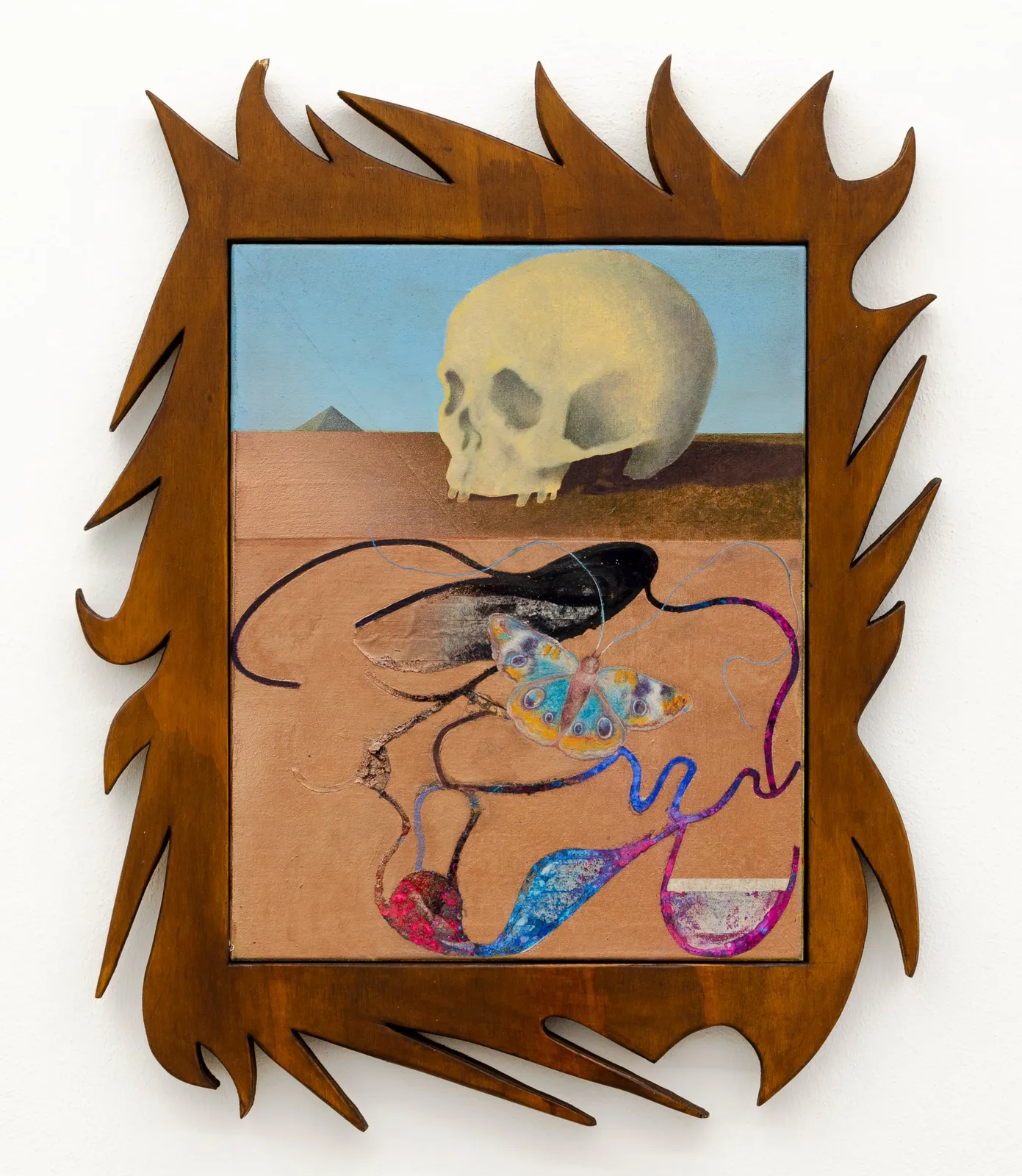 Mattia Sinigaglia, Butterfly with Goya skull, 2021. Oil and pigments on canvas and wood · 74 × 60 cm