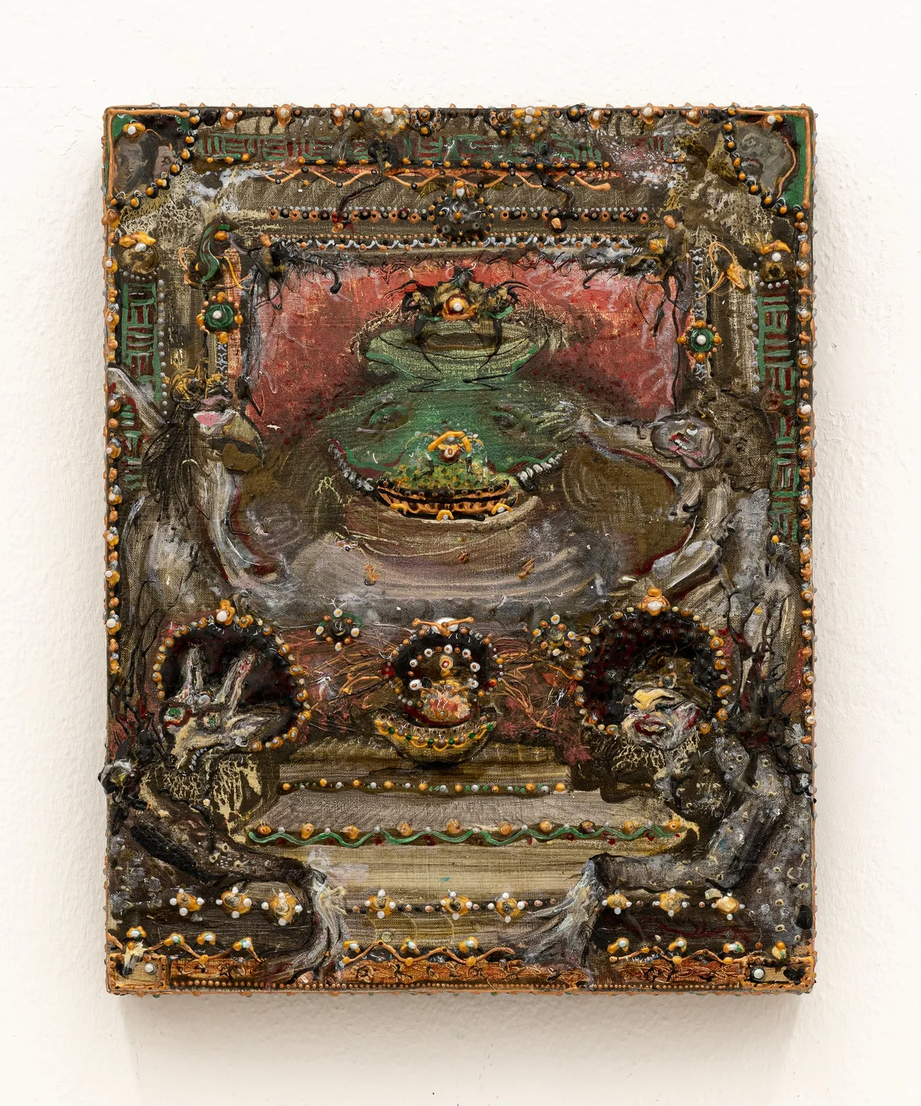 Andrea Luzi, Malebranche, 2023. Oil, oil pastel, spray paint, fabric paint and resin on linen canvas · 30 × 24 cm