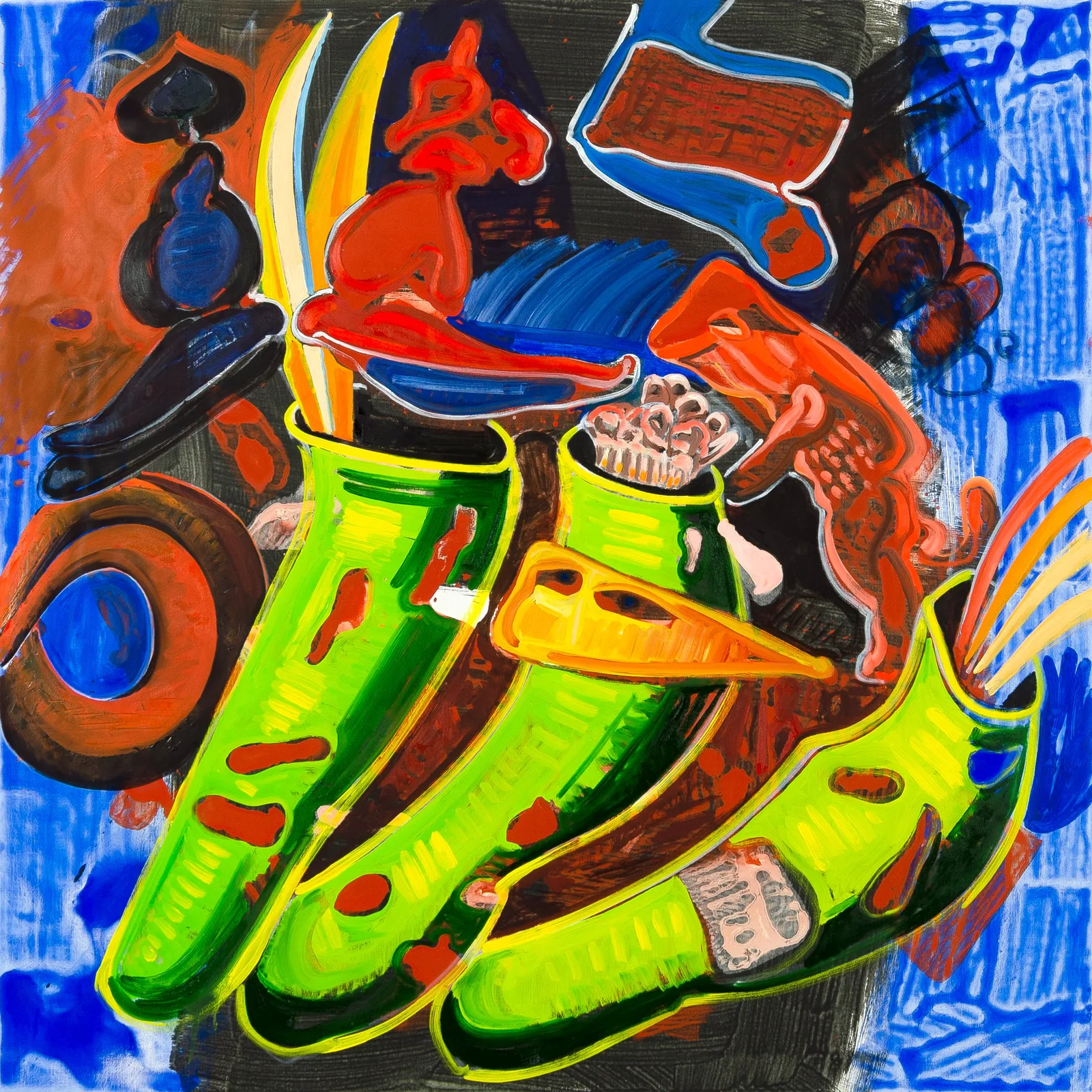 Lucio Pozzi, Guardians of the Sky, 2021. Oil and acrylic on canvas · 100.2 × 100.1 × 2.6 cm