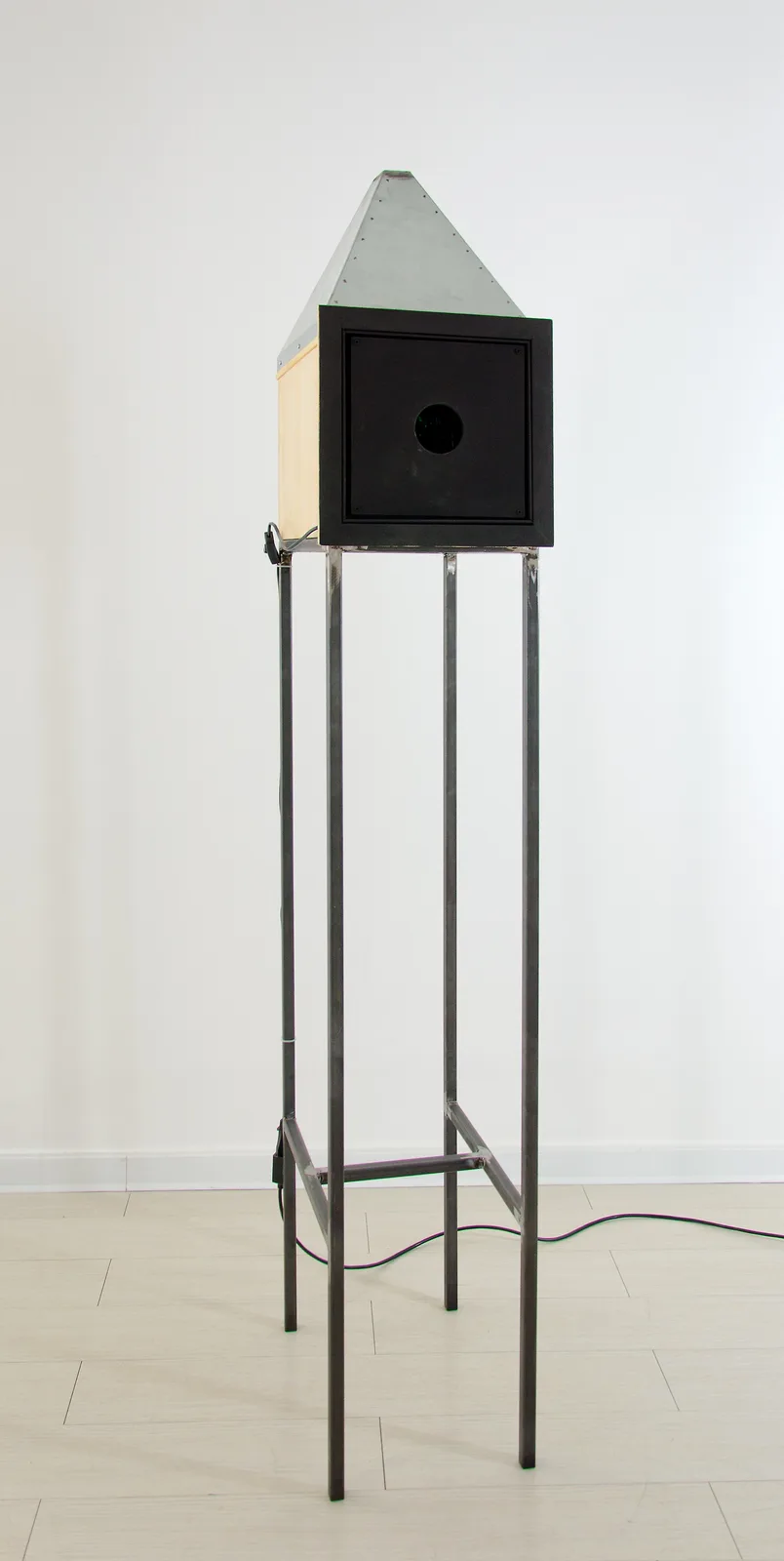 Francesco De Grandi, Mondo Nuovo #4, 2016. Wood, iron, sheet metal, plastic, UV light, phosphorescent paint, mirror · 195 × 33 cm