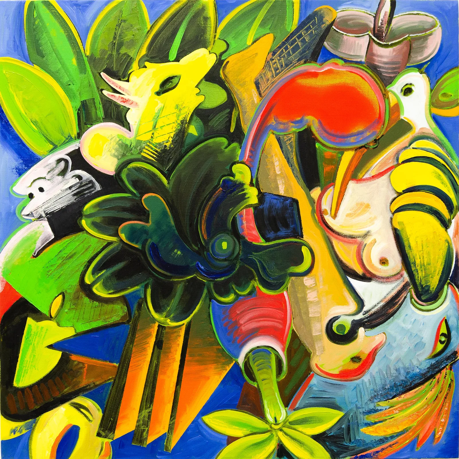 Lucio Pozzi, Papageno Fish, 2018. Oil on canvas · 60 × 60 cm