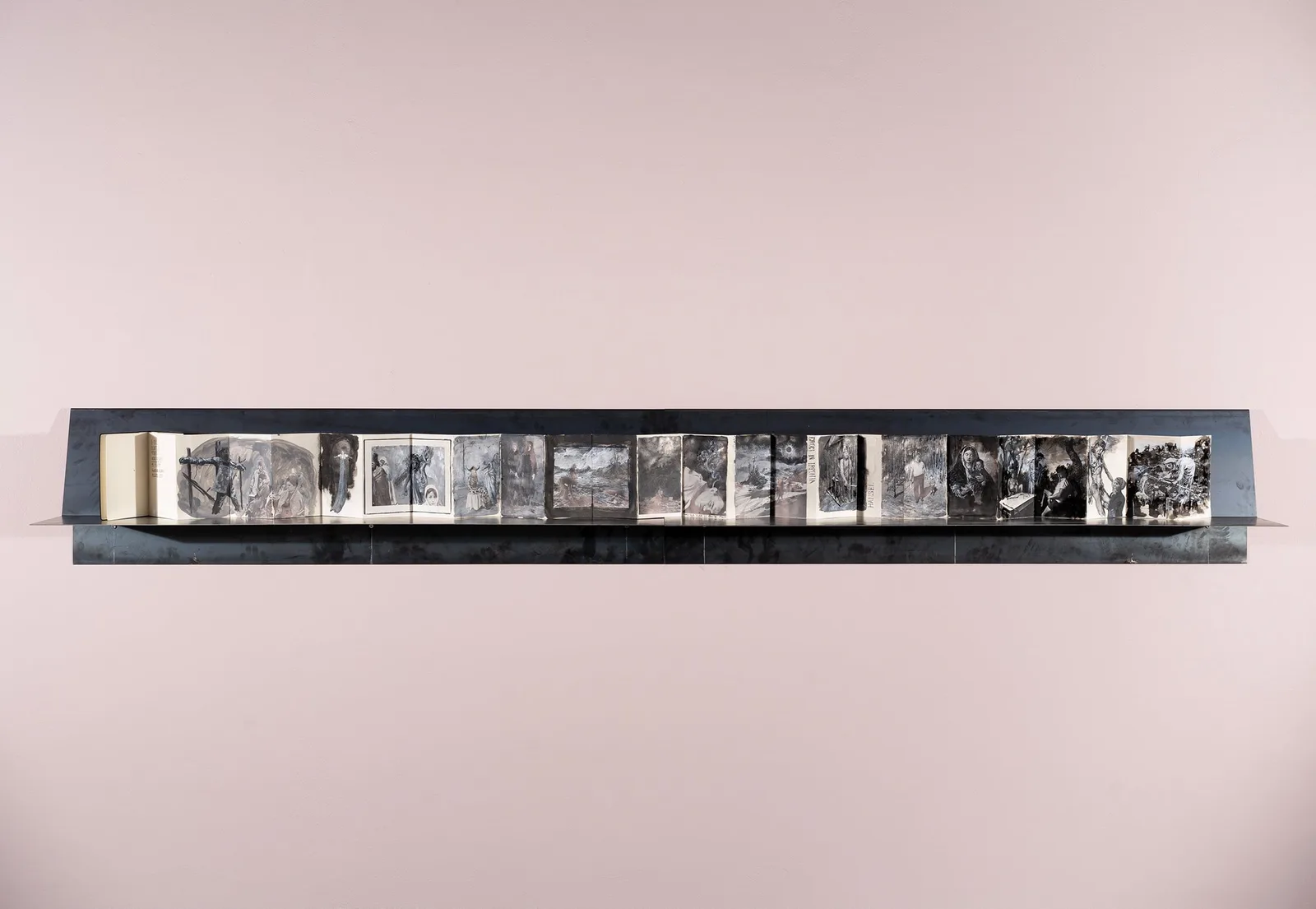 Francesco De Grandi, Leporello, 2020. India ink and collage on paper, iron · 40 × 300 × 27 cm