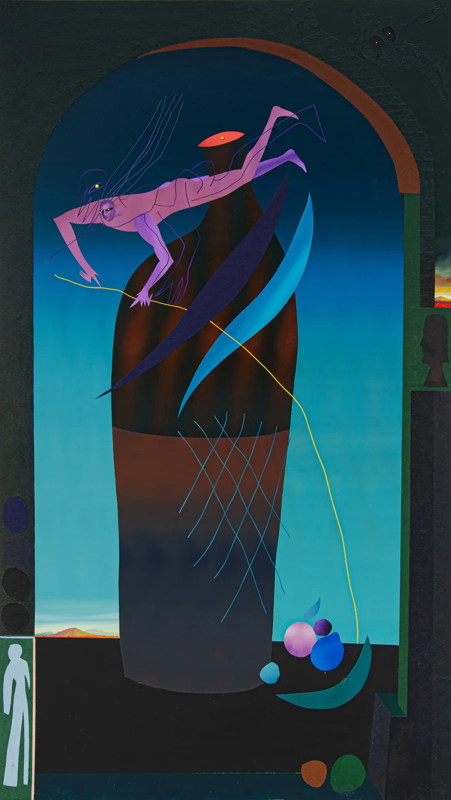 Mattia Barbieri, Il volo e zichiti, 2022. Oil on panel · 227 × 130 cm