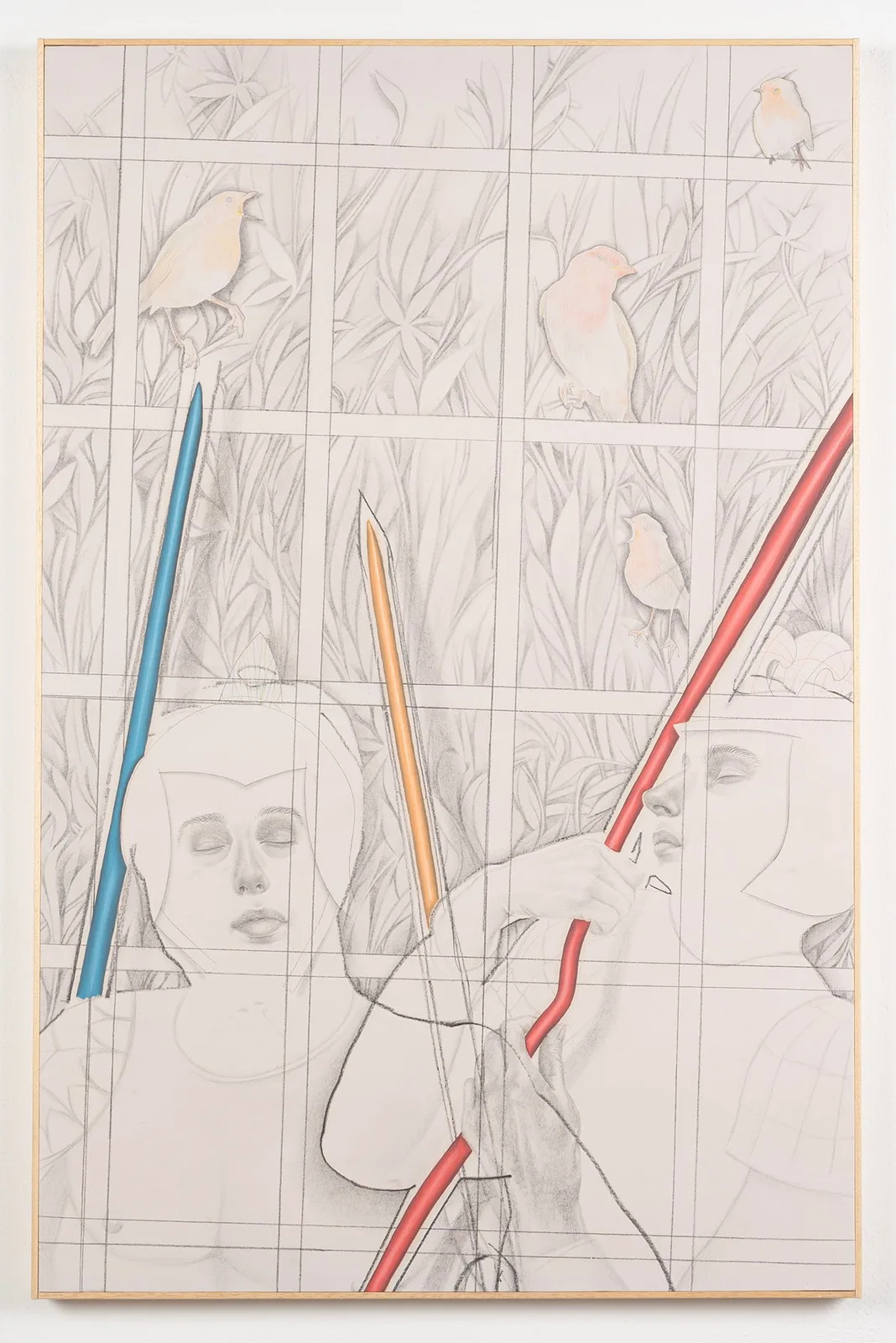 Marco Paleari, Sorveglianti, 2024. Graphite, oil and pastels on canvas · 110 × 70 cm