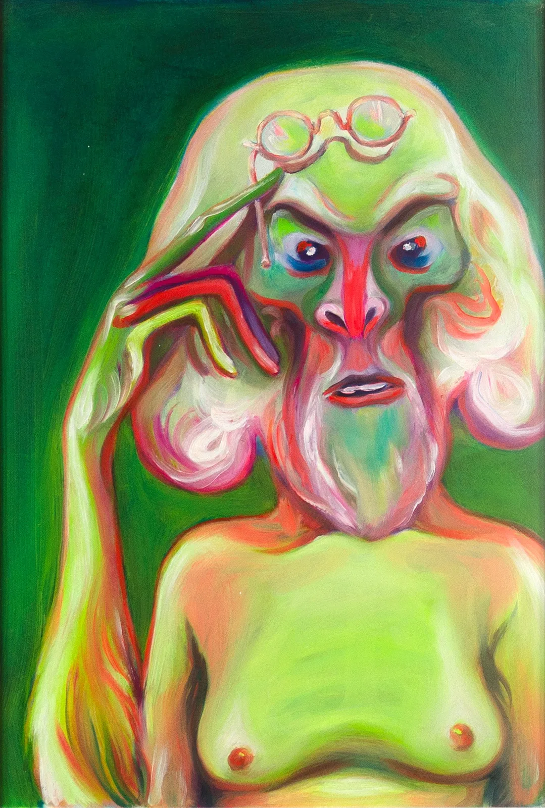 Luigi Presicce, Homo Sapiens Sapiens Sapiens (Scimmia con occhiali), 2020. Oil on paper · 50 × 35 cm