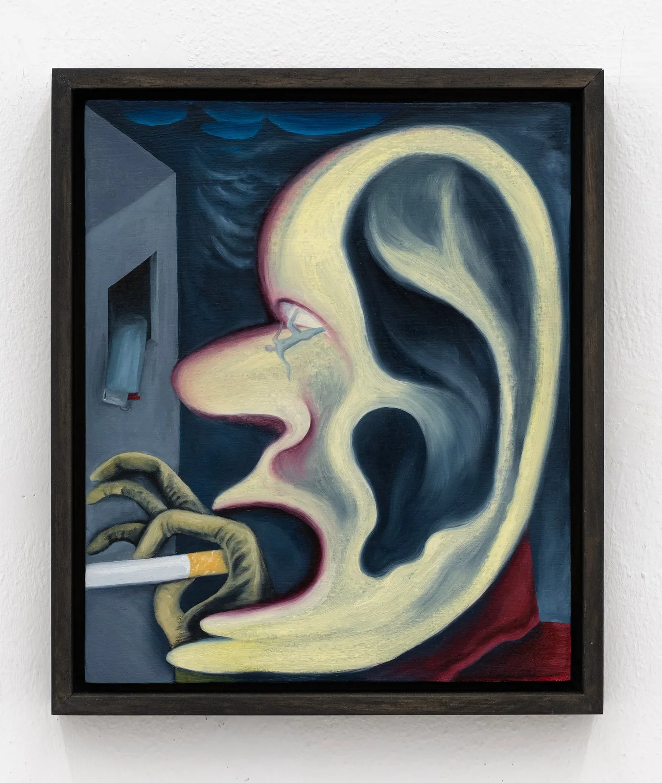 Agnese Guido, I sogni cadono dall'orecchio al mattino dentro al cuscino, 2022. Oil on wood · 30 × 25 cm