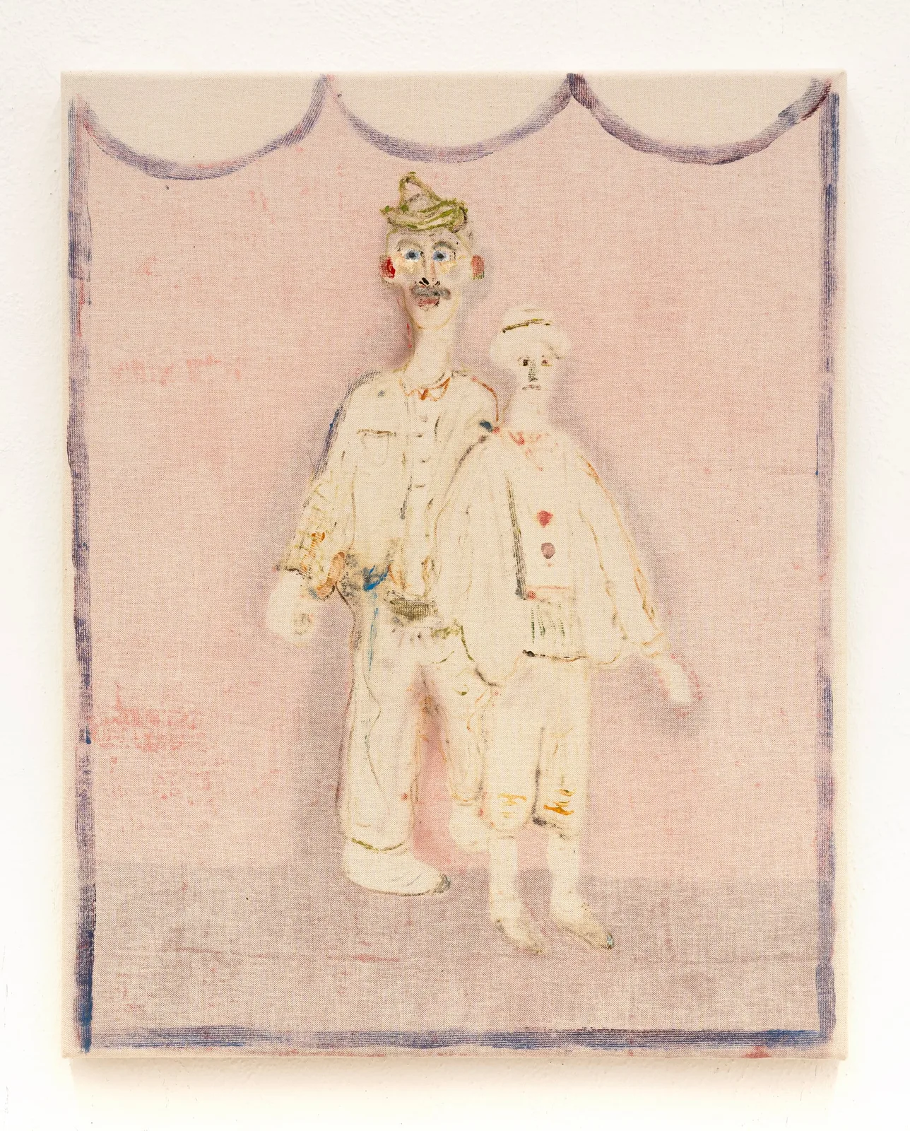 Alessandro Aprile, I teatranti, 2023. Monotype and mixed media on raw canvas · 50 × 40 cm