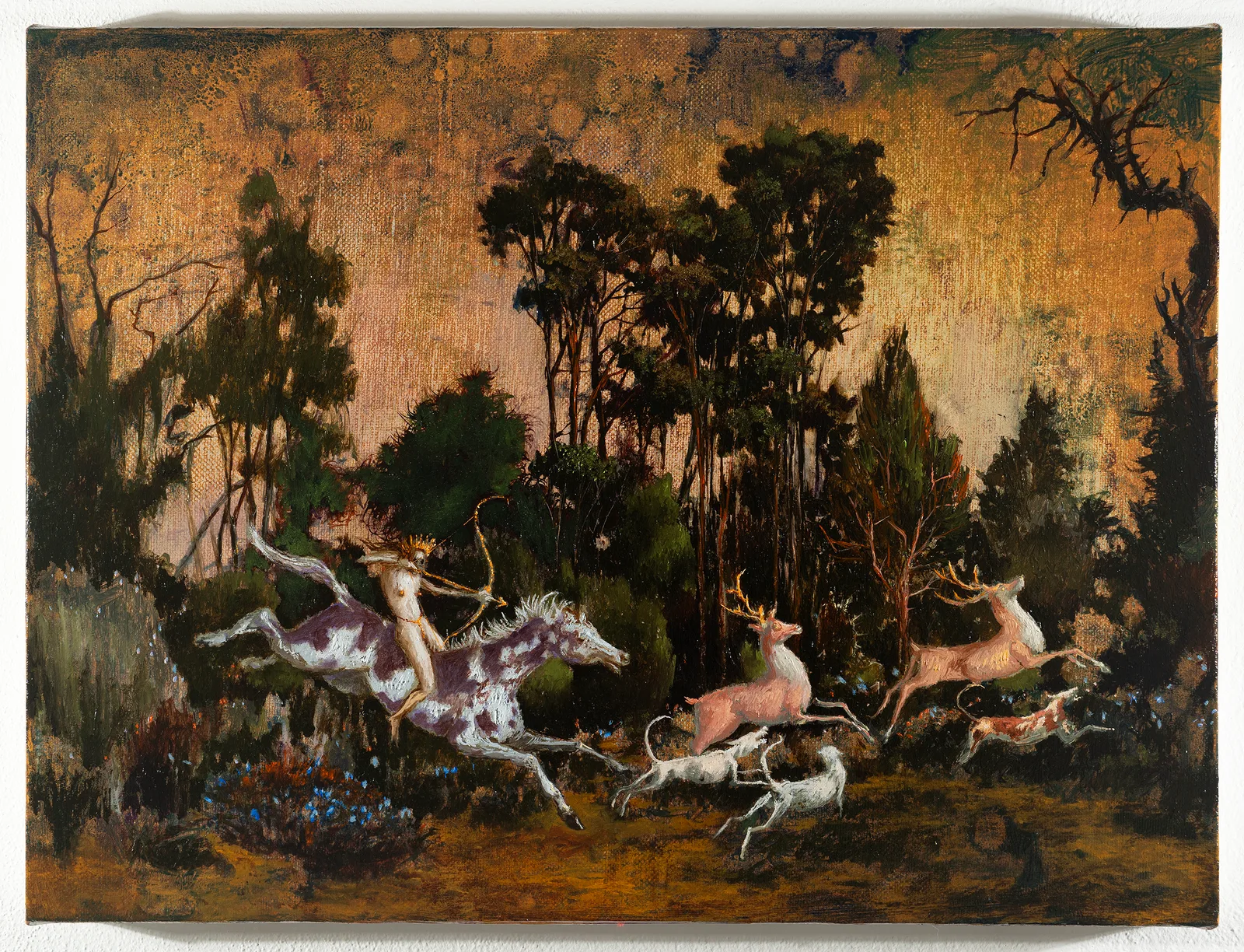 Francesco De Grandi, Mithra cacciatrice, 2025. Oil on canvas · 45 × 60 cm