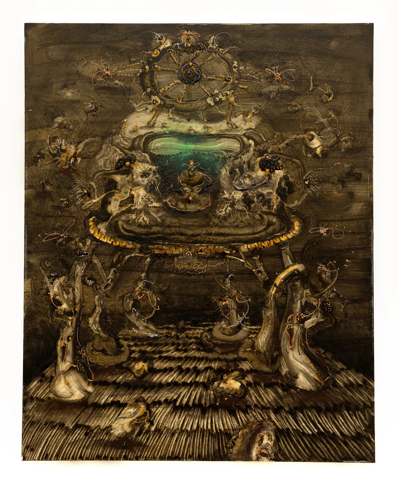 Andrea Luzi, In the lies where upon you lay (Funeral fog), 2023. Oil, spray paint, fabric paint, oil pastel and resin on canvas · 100 × 80 cm