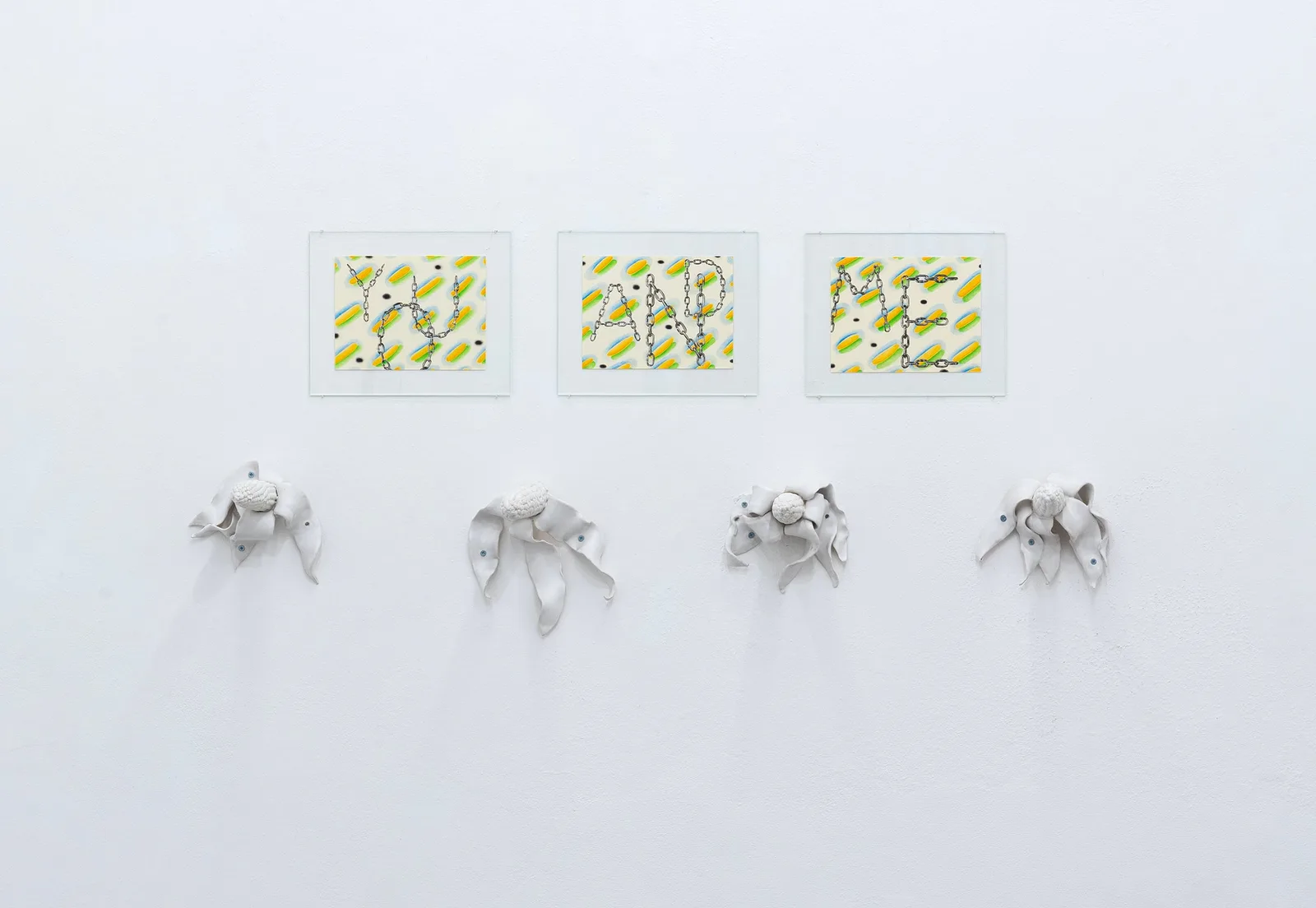 Katharina Maderthaner, You and me, 2023. Drawing on paper, ceramic, glass · 148 × 65 × 21 cm