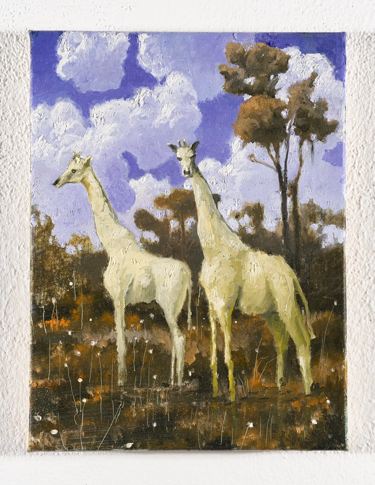 Francesco De Grandi, Giraffe nel villino, 2023. Oil on canvas · 24 × 18 cm