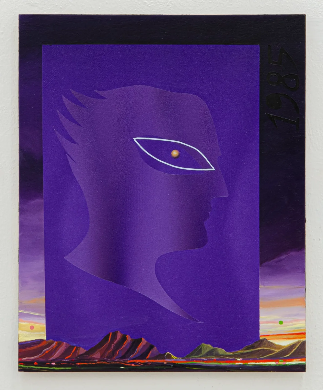 Mattia Barbieri, Divinità notturna con paesaggio, 2022. Oil on panel · 46 × 37 cm