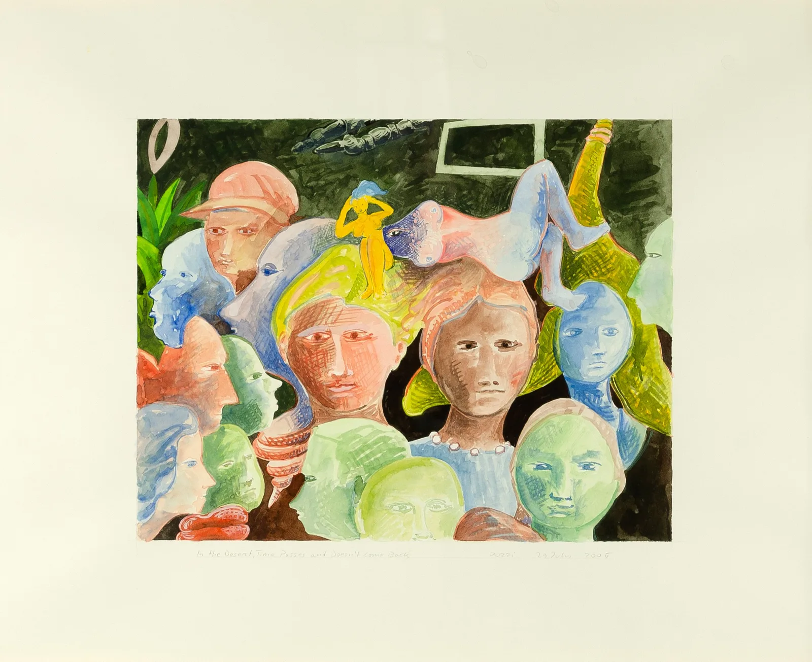 Lucio Pozzi, In the desert, time passes and doesn't come back, 2005. Mixed media on paper · 45 × 61 cm